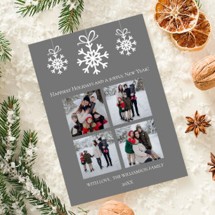 Grey Snowflake Ornaments Photo Collage Holiday Card