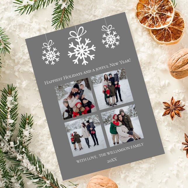 Grey Snowflake Ornaments Photo Collage Holiday Card (Gray Snowflake Ornaments Photo Collage Holiday Card)