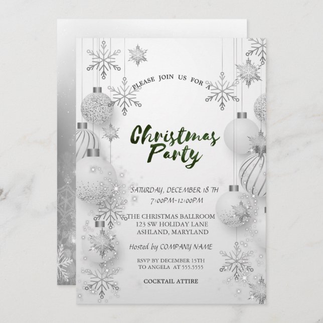 Grey Snowflakes,Balls Christmas Company Party  Invitation (Front/Back)
