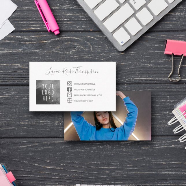 Grey Social Media Icons Photo & Logo Business Card (Creator Uploaded)