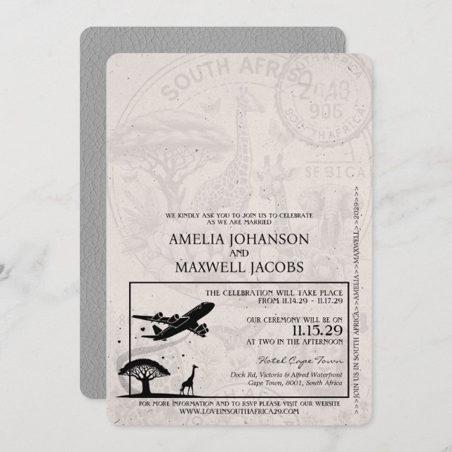 Grey South Africa Passport Wedding Invitation (Front/Back)