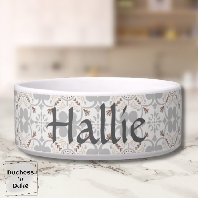 Grey Spanish Tile Personalised Pet Bowl  (Pet Bowl - Gray Spanish Tile Personalized)