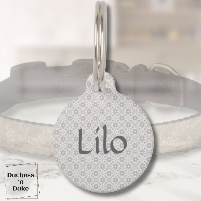 Grey Spanish Tile Personalised  Pet Tag (Dog Name Tag - Gray Spanish Tile Personalized)