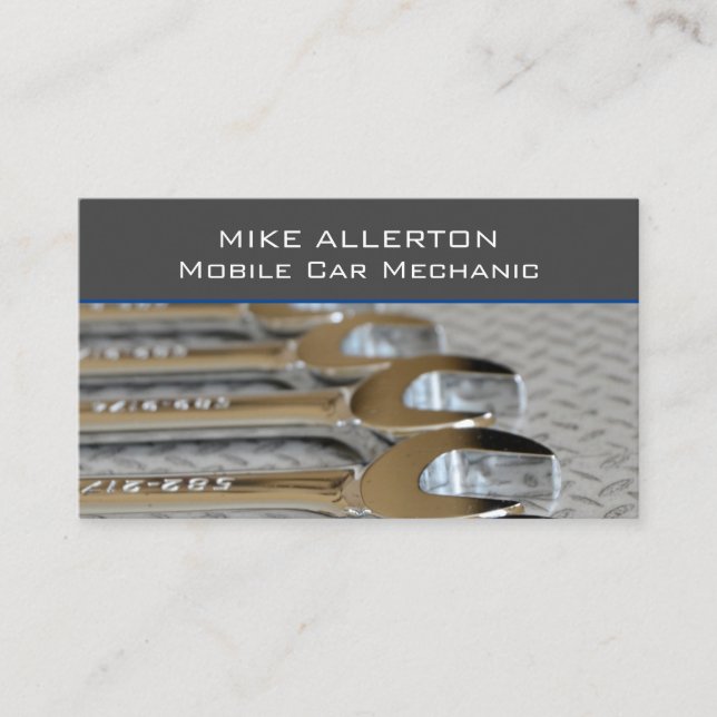 Grey Spanners Car Auto Mechanic Sleek Business Card (Front)