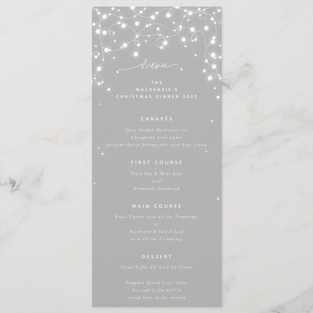 Grey Sparkling Lights Christmas Flat 4 Course Menu (Front)
