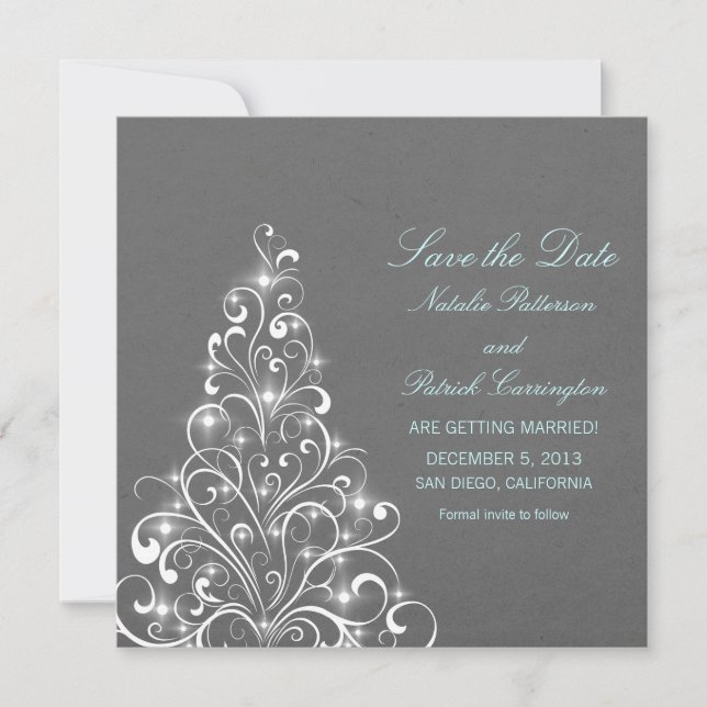 Grey Sparkly Holiday Tree Save the Date Invite (Front)