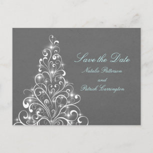 Grey Sparkly Holiday Tree Save the Date Postcard