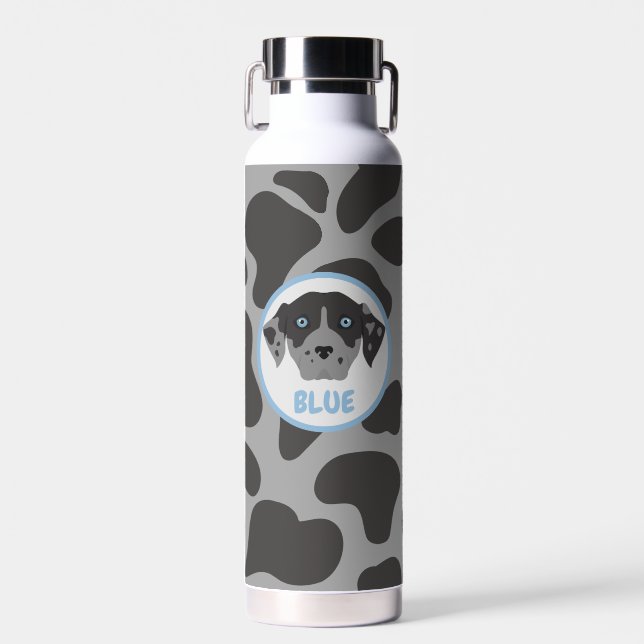 Grey, spotted dog pet  water bottle (Front)