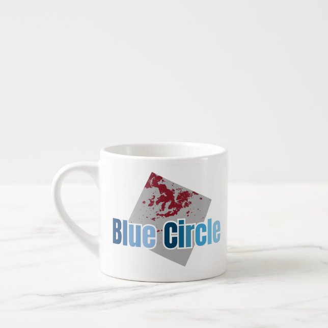 Grey Square with Red Stain and Blue Circle Text Espresso Cup (Left)