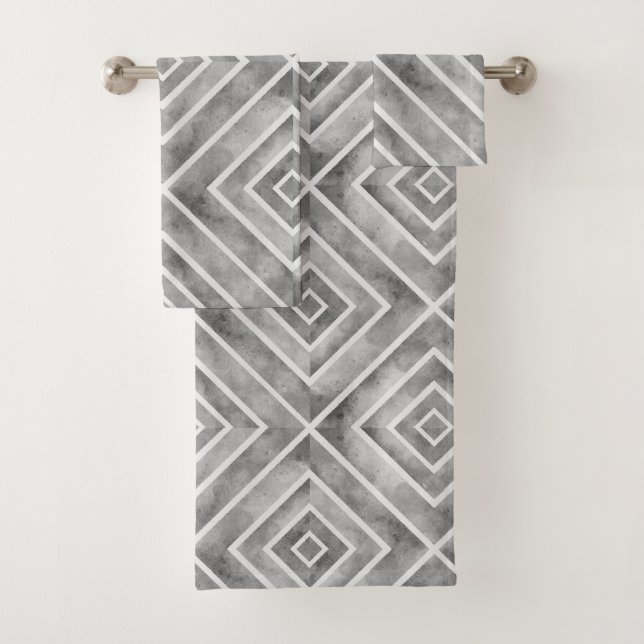 Grey squares geometric watercolor bath towel set (Insitu)