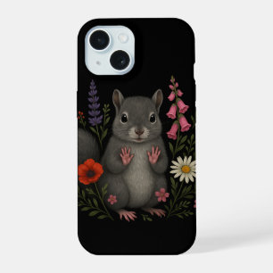 Grey Squirrel Among the Flowers – Dark Cottagecore iPhone 15 Case