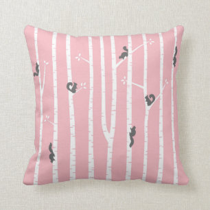 Grey Squirrels Climbing Birch Trees on Pink Cushion