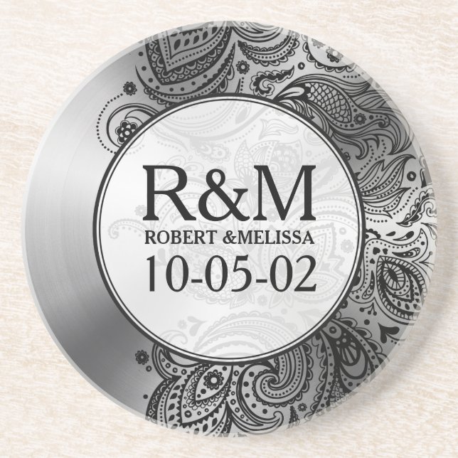 Grey Stainless Steel Look Black Paisley Lace Coaster (Front)