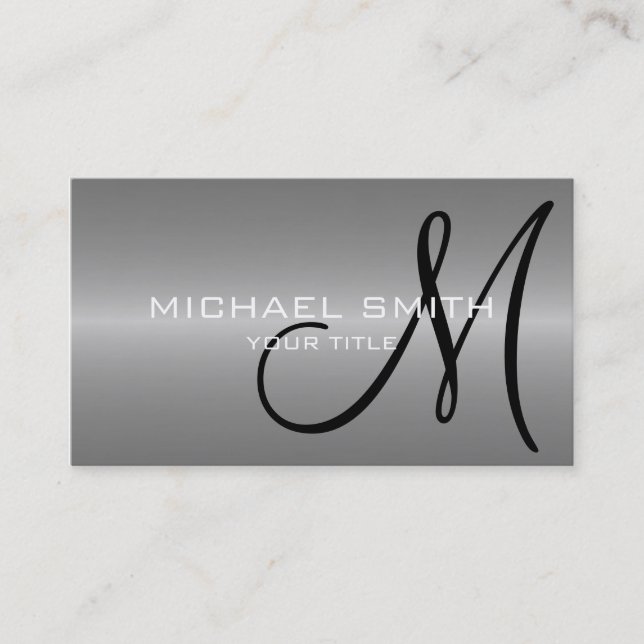 Grey Stainless Steel Metal Monogram Business Card (Front)