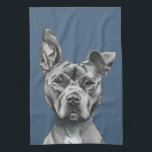 Grey Stalky Pit Bull Dog Drawing Tea Towel<br><div class="desc">This is a portrait of a grey pit bull dog with white on his chest. It has one ear standing. He has a regal look on his face. He is on a bulky side and has a big and muscular face. This was sketched with pencil and then coloured digitally with...</div>