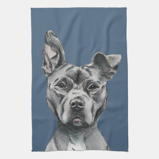 Grey Stalky Pit Bull Dog Drawing Tea Towel (Vertical)