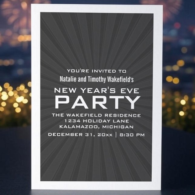 Grey Starburst Stripes New Year's Party Invite (Gray Starburst Stripes New Years Party Invite)