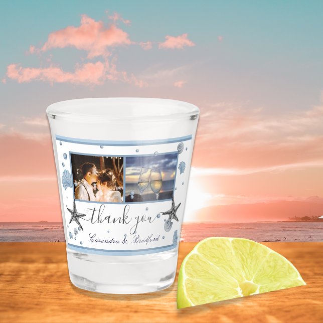Grey Starfish Blue Beach Wedding Thank You  Shot Glass (Creator Uploaded)