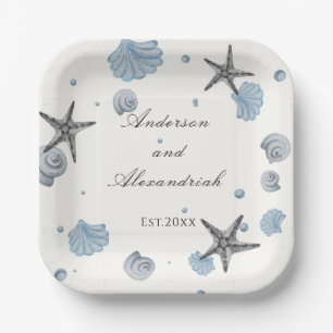 Grey Starfish Blue Shell Beach Wedding  Paper Plat Plate