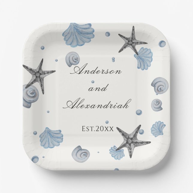 Grey Starfish Blue Shell Beach Wedding  Paper Plat Plate (Front)