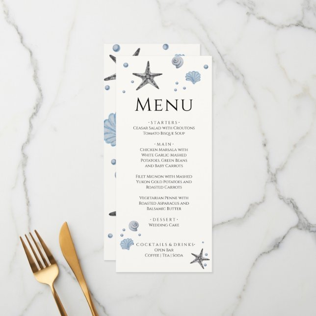 Grey Starfish  Blue Shells Beach Wedding menu (Front/Back In Situ)