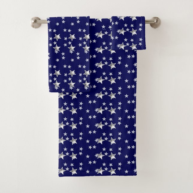 Grey Stars And Navy Blue Modern Chic Bath Towel Set (Insitu)