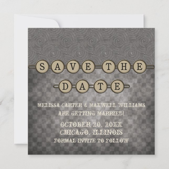 Grey Steampunk Keys Save the Date Invite (Front)