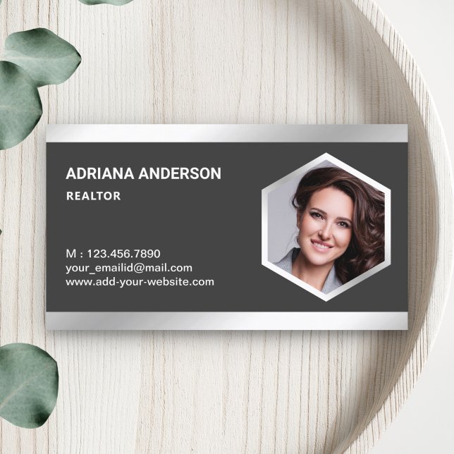 Grey Steel Silver Real Estate Photo Realtor Business Card (Creator Uploaded)