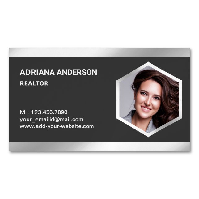 Grey Steel Silver Real Estate Photo Realtor Magnetic Business Card (Front)