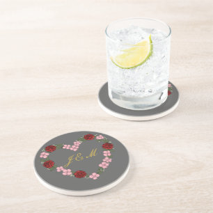 Grey stoneware coasters with a pink and red heart