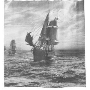 Grey  Stormy Rainy Pirate Ships Shower  Curtain