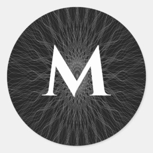 Grey string waves black monogram classic round sticker
