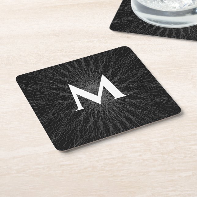 Grey string waves black monogram square paper coaster (Angled)