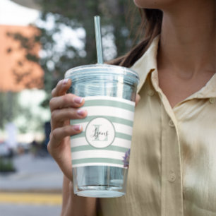 Grey Stripe and Succulent Monogrammed Personalised Acrylic Tumbler
