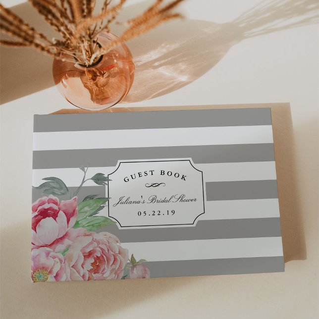 Grey Stripe & Antique Peony Bridal Shower Guest Book (Creator Uploaded)