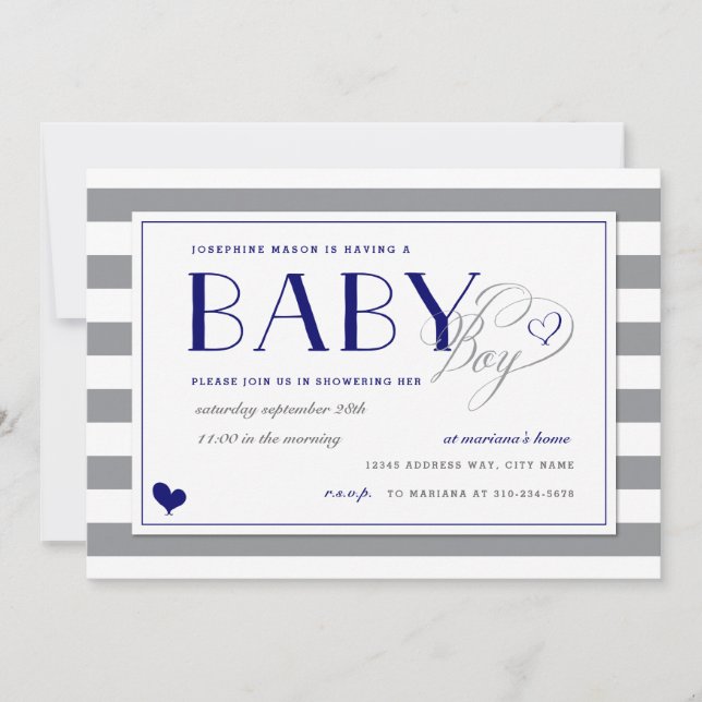 Grey Stripe Baby Boy Shower and Navy Blue Invitation (Front)
