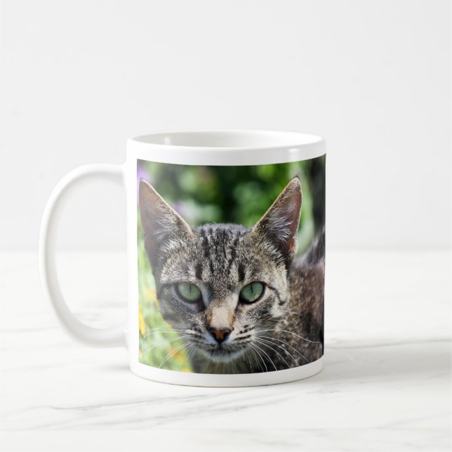 Grey Stripe Cat with Green Eyes Coffee Mug (Left)