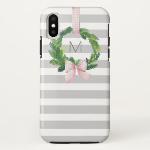 Grey stripe Christmas wreath monogram Case-Mate iPhone Case