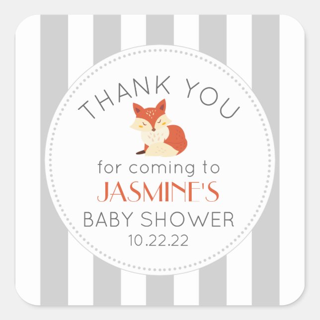 Grey stripe fox neutral baby shower theme square sticker (Front)