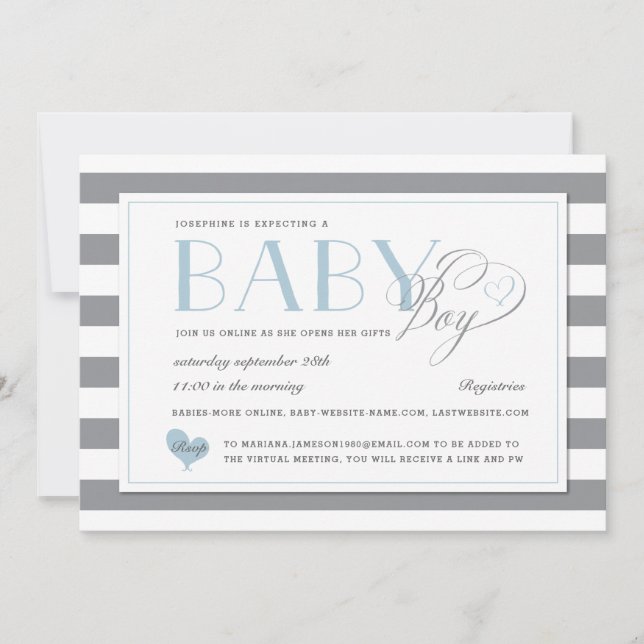Grey Stripe Light Blue Boy Virtual Baby Shower Invitation (Front)