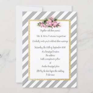 Grey Stripe pink flower invite new gold