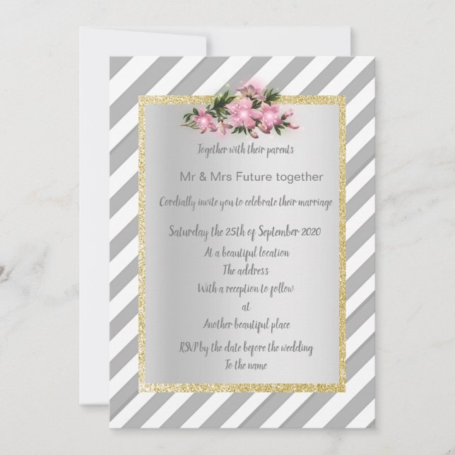 Grey Stripe pink flower invite new gold (Front)