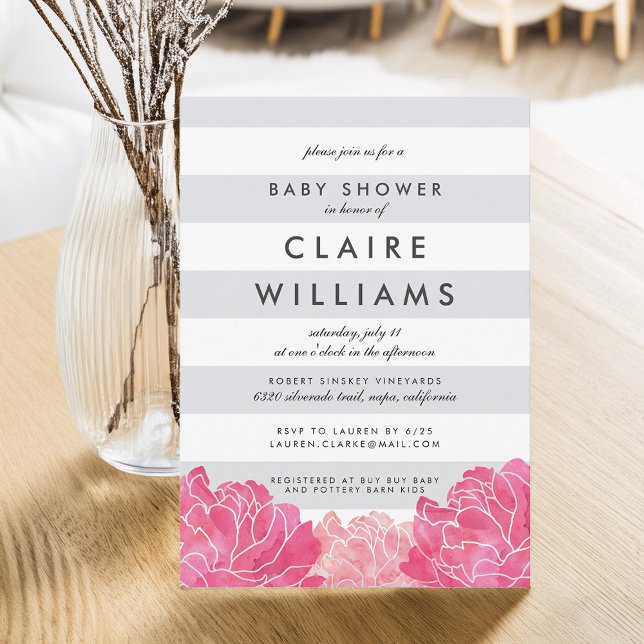 Grey Stripe & Pink Peony Baby Shower Invitation (Creator Uploaded)