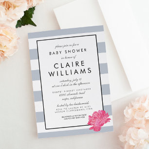 Grey Stripe & Pink Peony Baby Shower Invitation