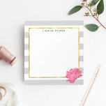 Grey Stripe & Pink Peony Personalised Notepad<br><div class="desc">Chic personalised notepad features a pastel dove grey and white stripe background,  faux gold foil border,  and a vibrant pink watercolor peony flower. Customise with a monogram,  name or text of your choice.</div>