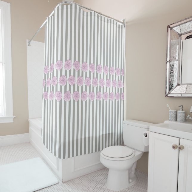 Grey Stripe, Pink Watercolor Rose Design Shower Curtain (In Situ)