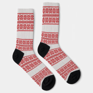 Grey Stripe Red Christmas Flower Pattern Socks