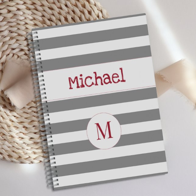 Grey Stripe Red Fire Truck Trendy Monogram Planner (Creator Uploaded)