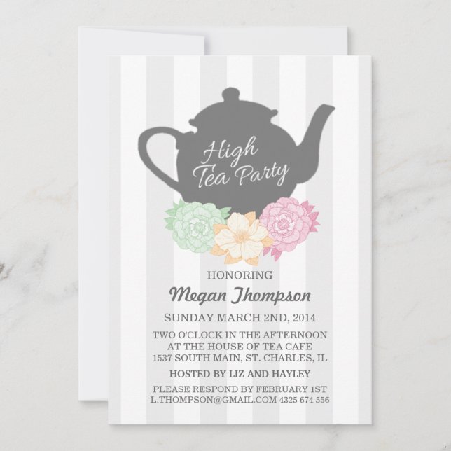 Grey Stripe & Teapot High Tea Invitation (Front)