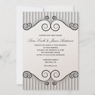 Grey Stripe Vintage Swirl Photo Wedding Invitation